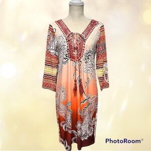 Melissa Paige Orange white paisley print quarter sleeve Pullover v-neck dress